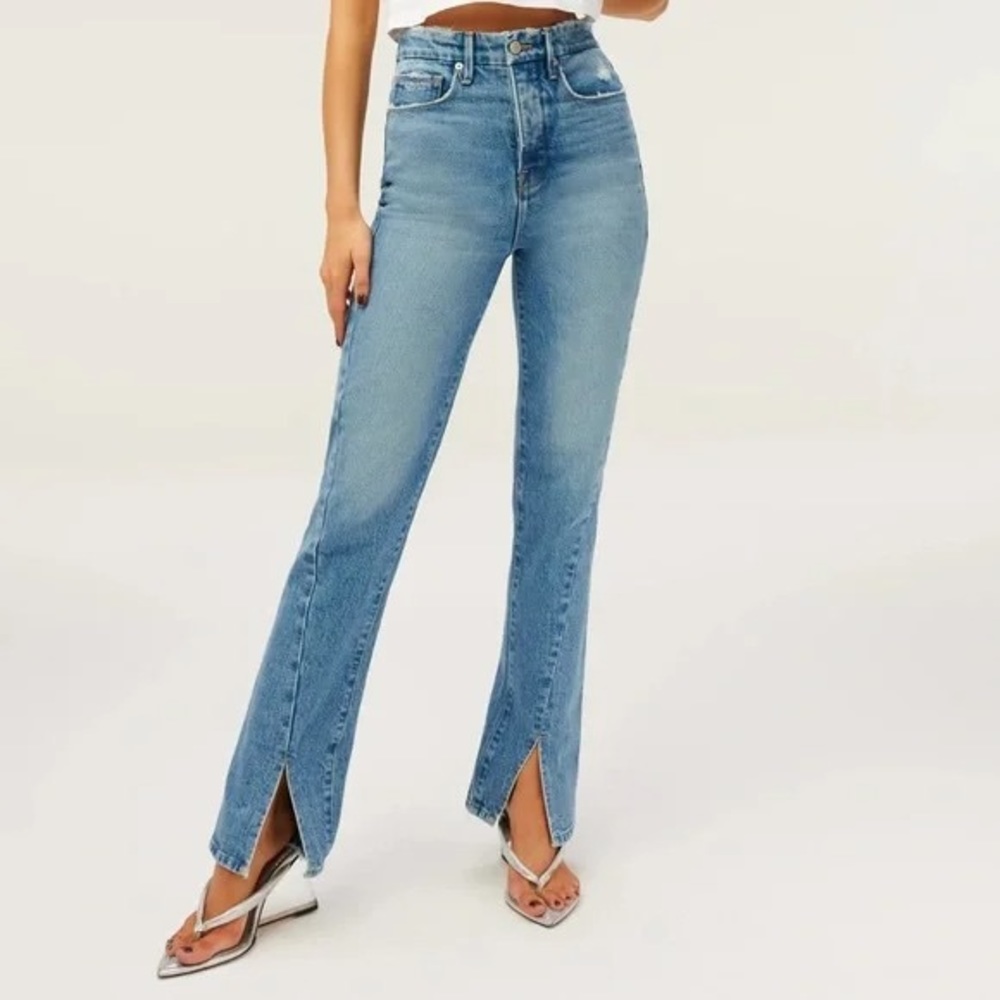 EUC Good American Good Boy Long Twisted Slit Jeans - Size 6/28